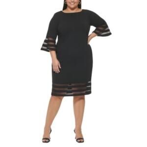 Calvin Klein Black Bell Sleeve Sheath Dress Mesh Detail Elegant Plus 22W